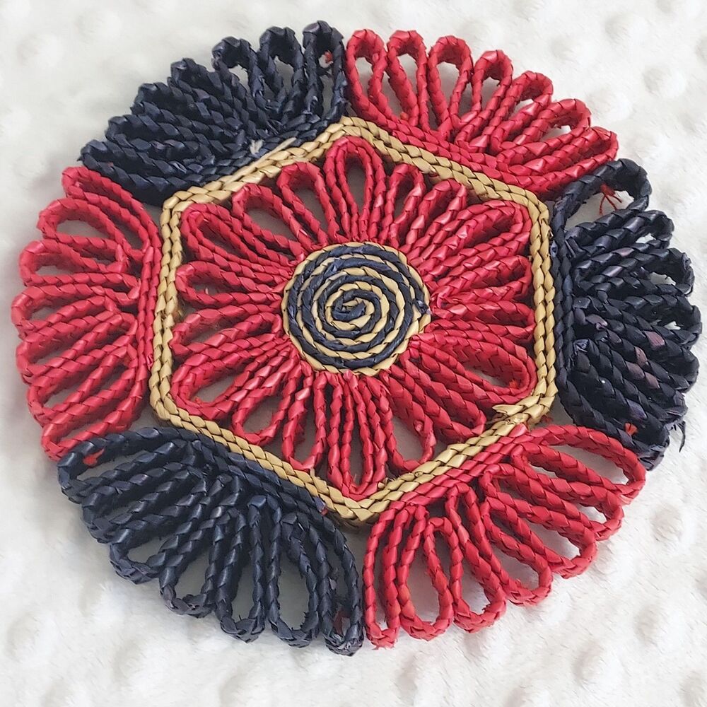 Vintage Woven Straw Trivet Hot Pad Rattan Wicker Raffia Boho Retro 4th Of July